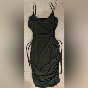 VNTG Olive Miniskirt Dress With Cutout Sides & Ruched Skirt